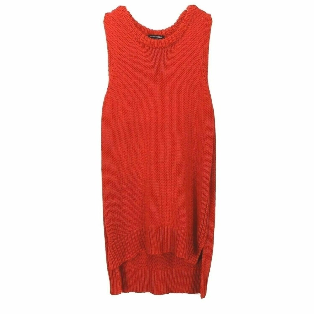 Kenneth Cole Sweater Vest M Deep Orange Sleeveless Knit Tank Hi-Low Hem Colorful